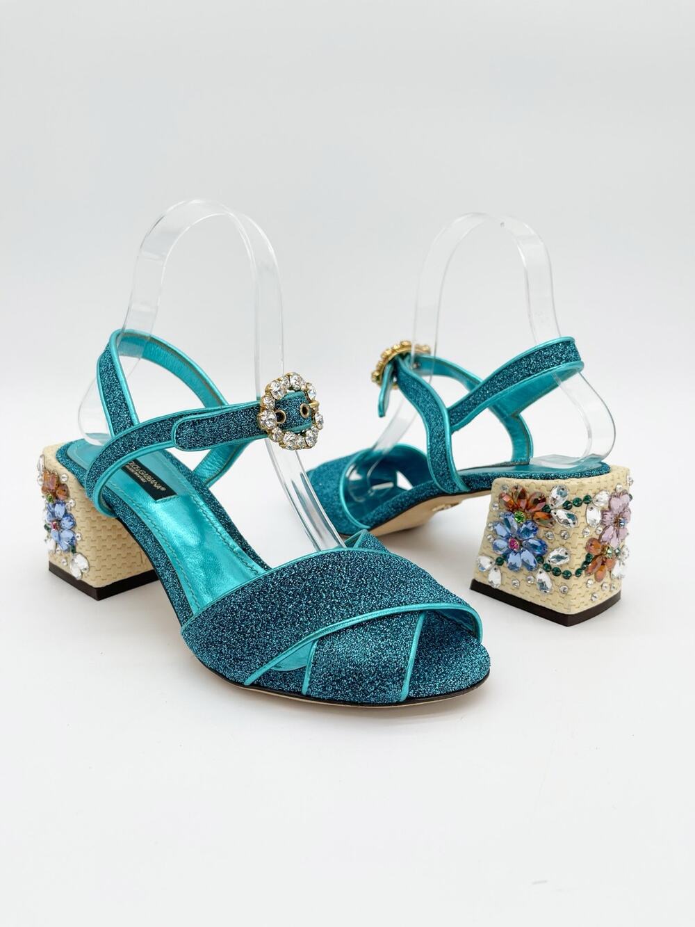Dolce & Gabbana Teal Lurex Glitter Floral Crystal Block Heel Sandals IT 36.5